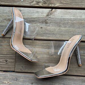 Simmi London DEJA Clear PVC & Silver Diamante Stiletto High Heel Mules UK 5 US 7